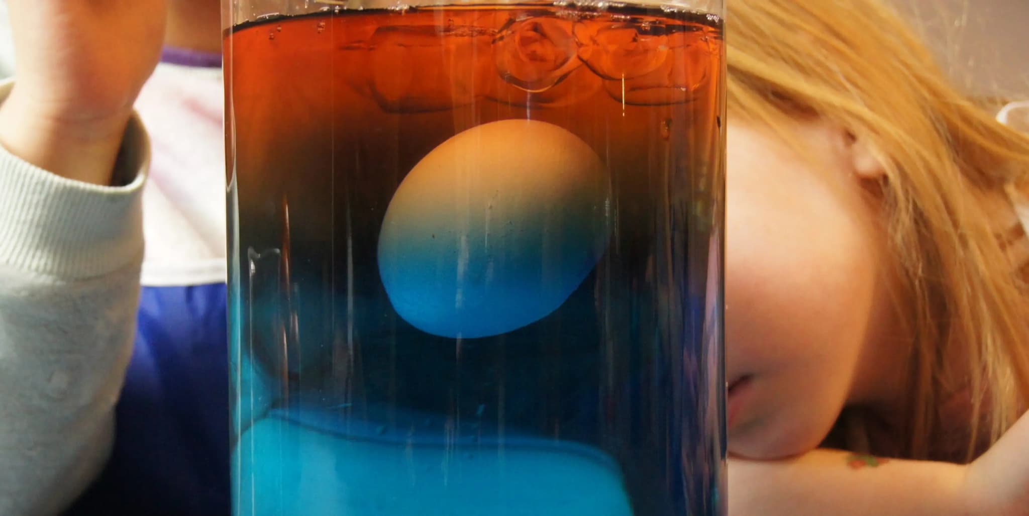 a girl is looking at an egg in a glass of liquid .